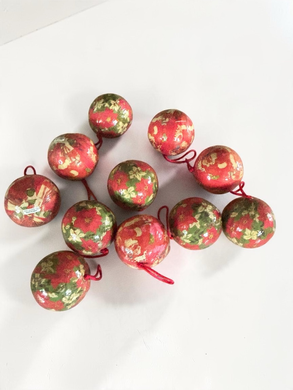 Vintage Papier Mache Christmas Ornaments Set of 11 Santa Poinsettia Balls